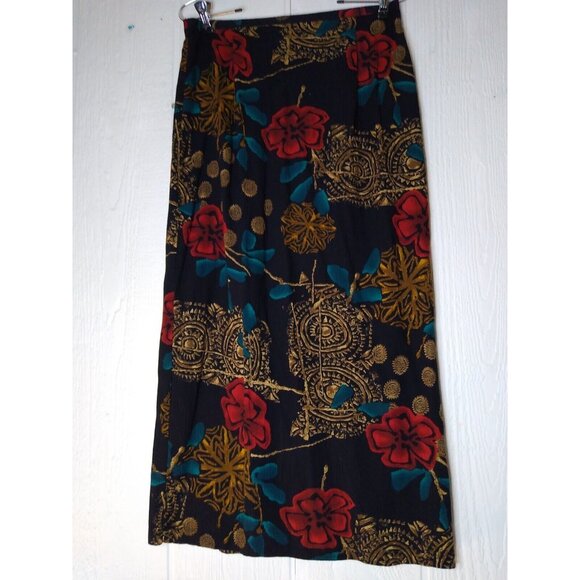 California Krush Dresses & Skirts - Vtg California Krush Maxi Skirt Women's M Black Floral Boho Rayon Crepon Pull On
